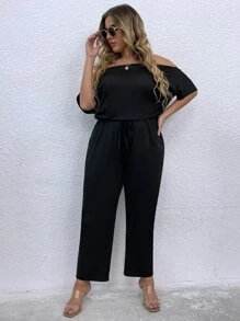 Calvaya Jumpsuits Plus Size Thắt nơ trước màu trơn Giải trí - màu đen - Xem 6