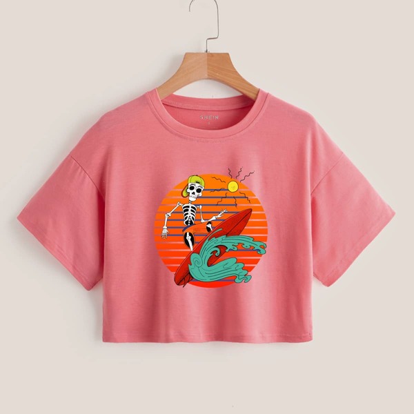 

Skeleton Print Drop Shoulder Crop Tee, Watermelon pink