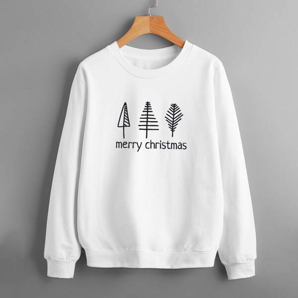 

Christmas Tree And Slogan Graphic Sweatshirt, White
