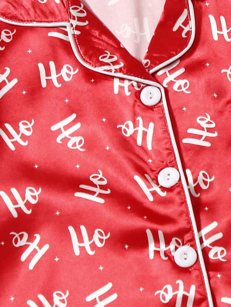Christmas Print Satin Pyjama Set - Red - View 4
