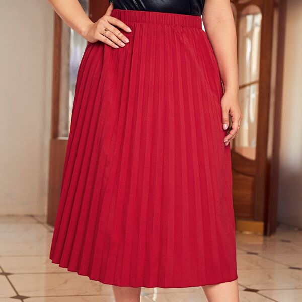

Plus Elastic Waist Pleated Skirt, Red