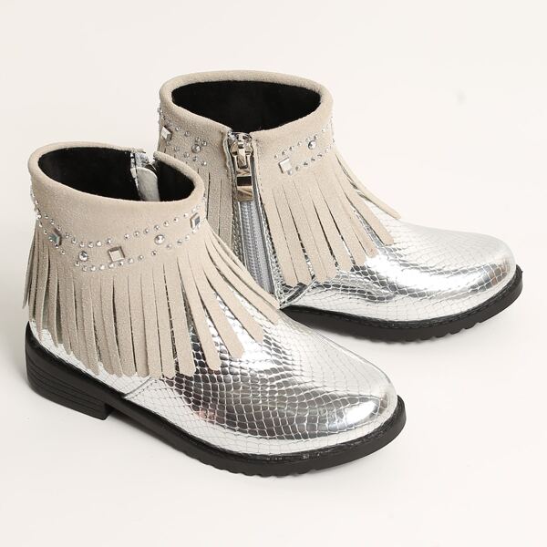 

Girls Rhinestone & Fringe Decor Side Zipper Boots, Silver
