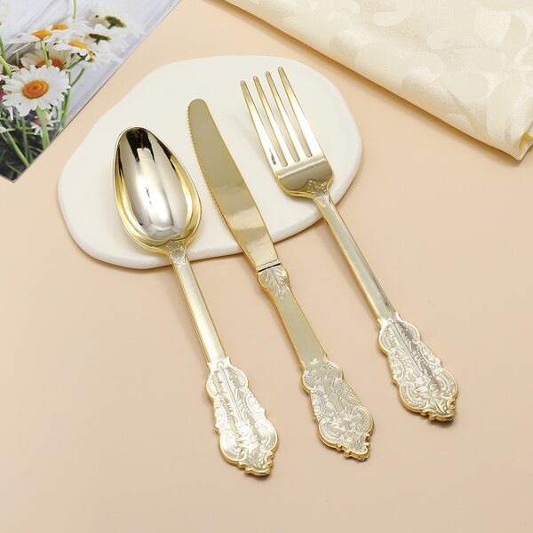 

3pcs Floral Carving Disposable Cutlery Set, Gold