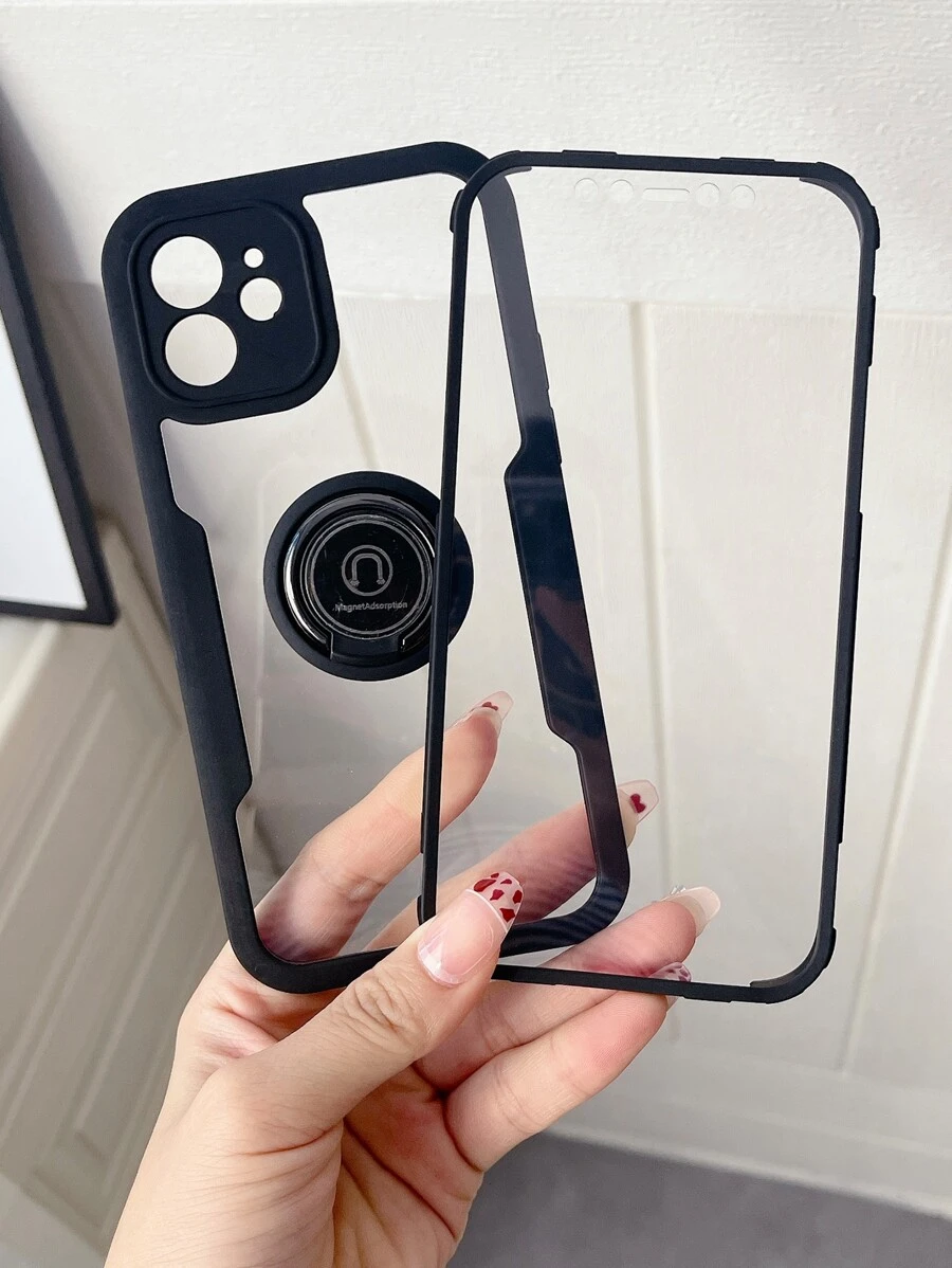 帶圓環支架透明手機殼 - 黑色 - 查看 1