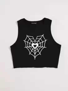 SHEIN Unity Spider Web & Heart Print Tank Top - Black - View 4