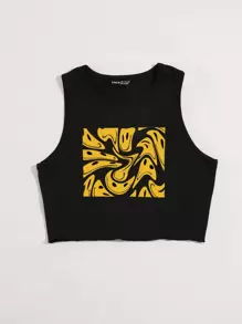 SHEIN Unity Smile Face Print Crop Tank Top - Black - View 4