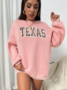 SHEIN Unity 字母和豹紋印花落肩袖運動衫 - 粉色 - 查看 3