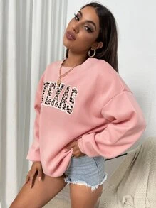 SHEIN Unity 字母和豹紋印花落肩袖運動衫 - 粉色 - 查看 4