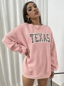 SHEIN Unity 字母和豹紋印花落肩袖運動衫 - 粉色 - 查看 6