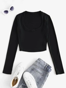 SHEIN Unity Camiseta corta unicolor de cuello scoop - Negro - Ver 1