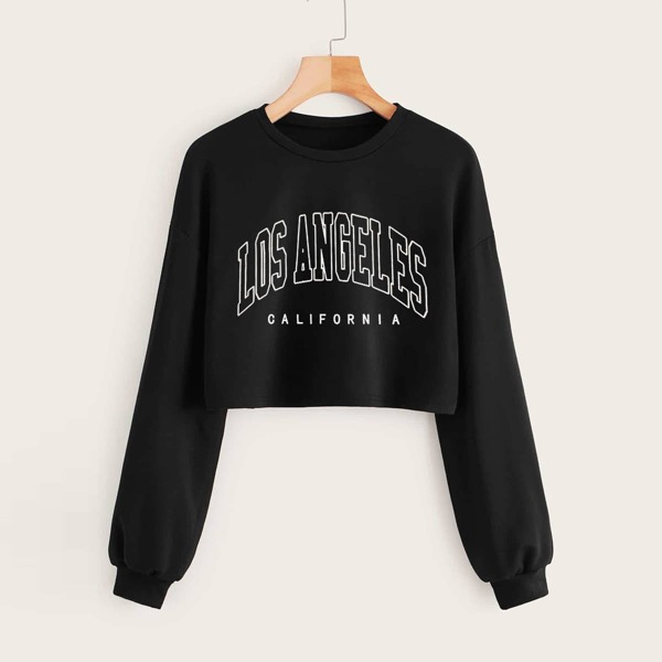 

Letter Graphic Drop Shoulder Crop Sweatshirt, Black