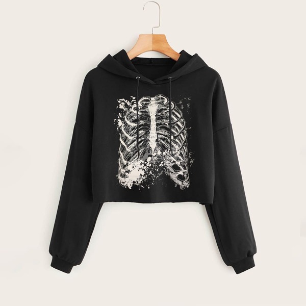

Skull Print Drawstring Hoodie, Black