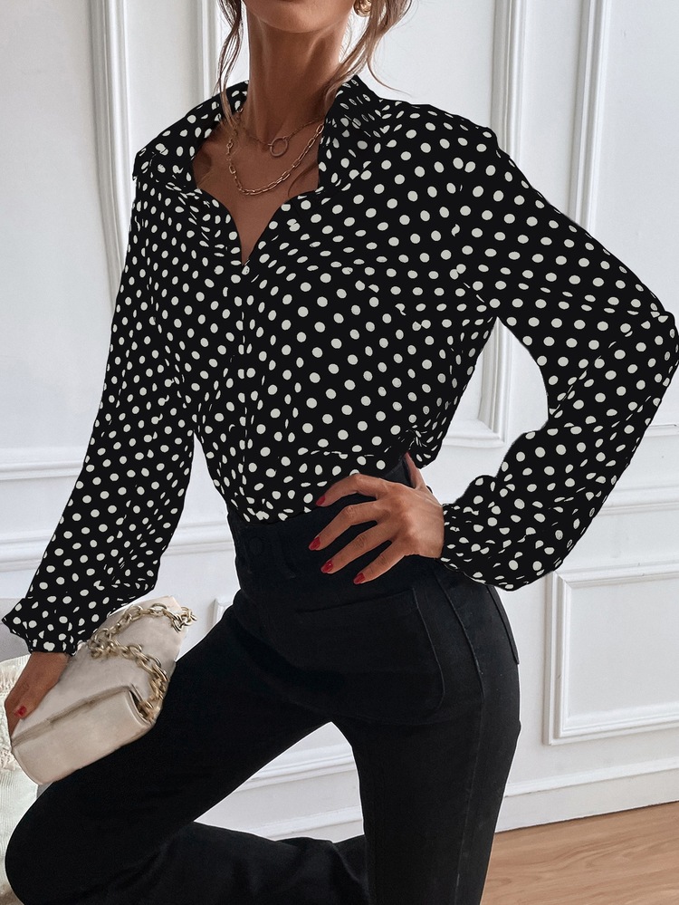 Áo sơ mi Chấm bi Tay áo Đèn lồng Nút Lên - màu đen - Xem 3