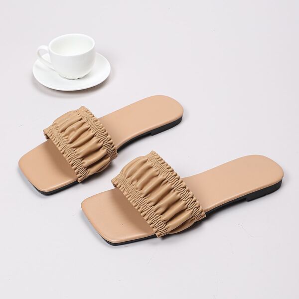 

Minimalist Ruched Flat Sandals, Apricot