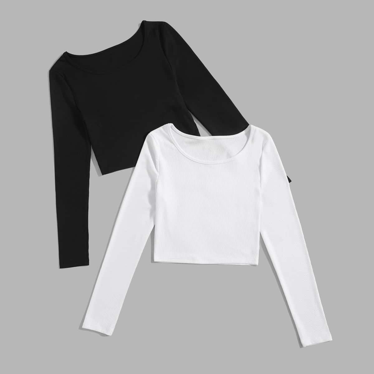

2pcs Solid Ribbed Crop Tee, Black and white