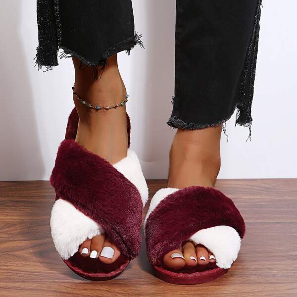 

Two Tone Cross Design Bedroom Slippers, Burgundy