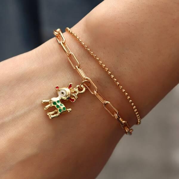 

Christmas Elk Charm Layered Bracelet, Multicolor