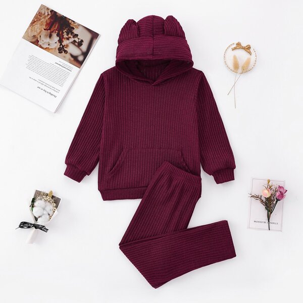 

Toddler Girls Solid Rib Knit 3D Ear Kangaroo Pocket Hoodie & Pants, Burgundy