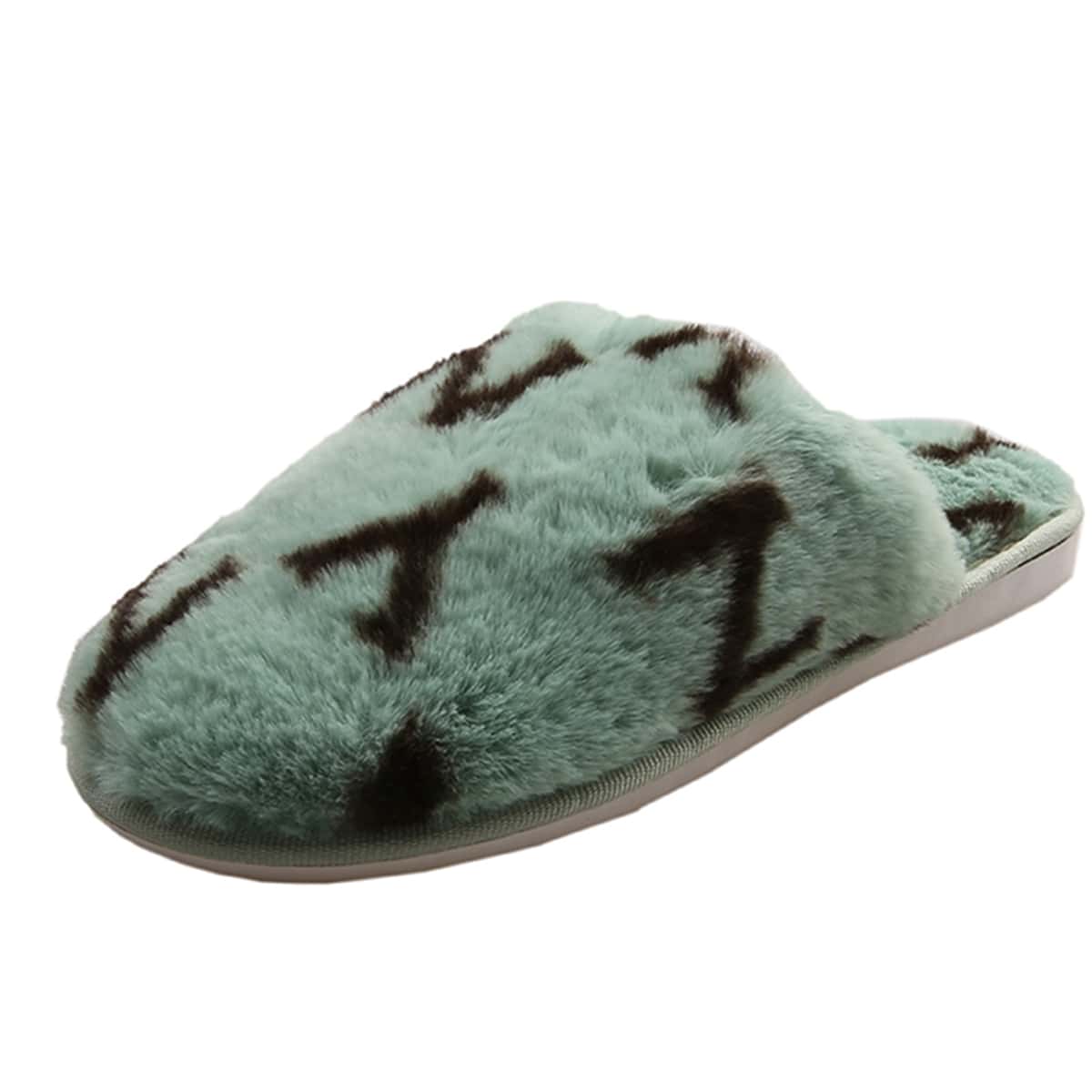 

Letter Graphic Fluffy Slippers, Green