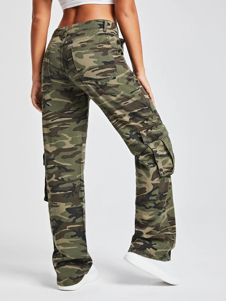 European And American Street Style Camouflage Multiple Pockets Casual Loose Straight Leg Low Waist Women Denim Jeans
