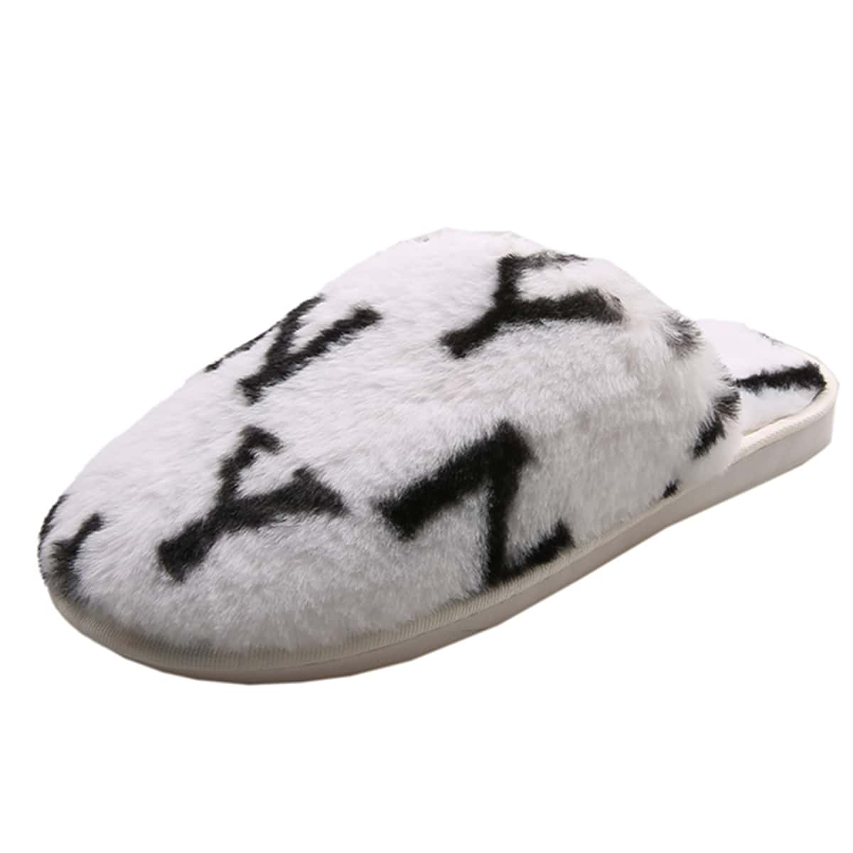 

Letter Graphic Fluffy Slippers, Beige