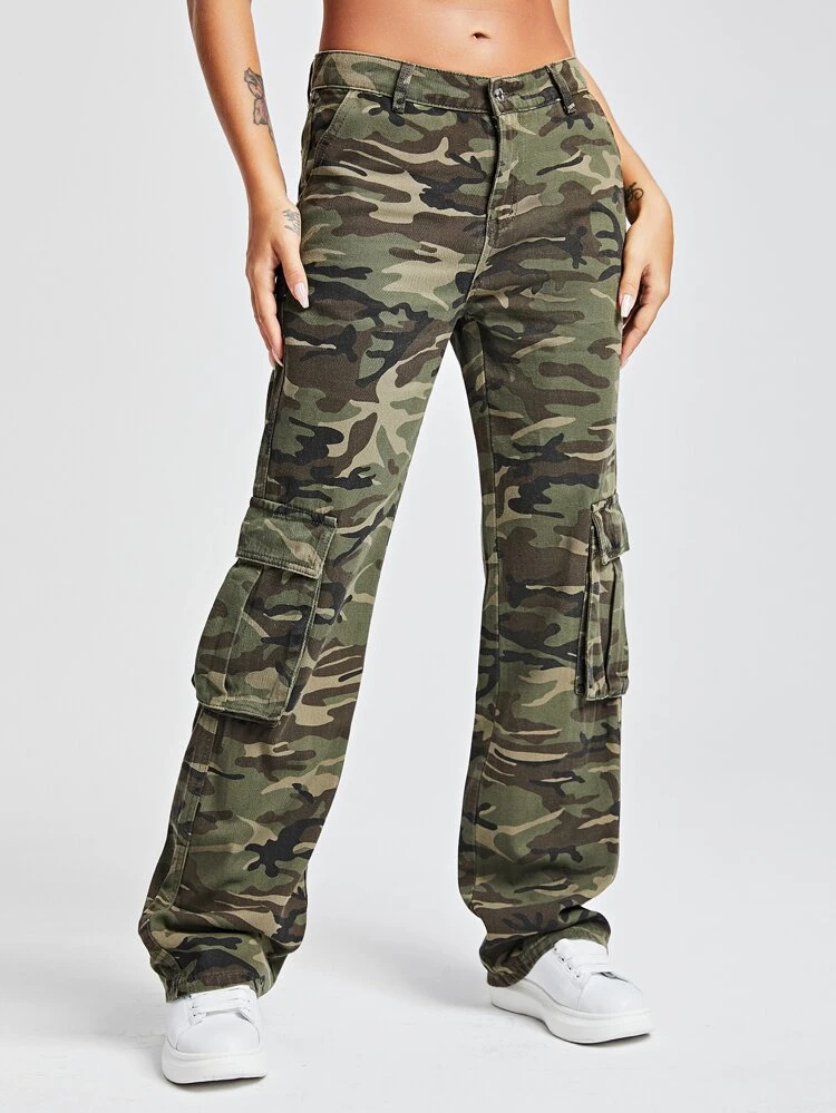 European And American Street Style Camouflage Multiple Pockets Casual Loose Straight Leg Low Waist Women Denim Jeans
