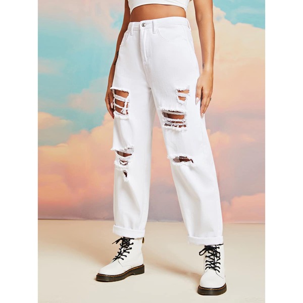 

High Waist Cut Out Ripped Frayed Jeans, White