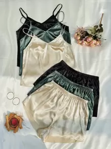 Conjunto de pijama de 3 piezas con top tipo camiseta y pantalones cortos lisos