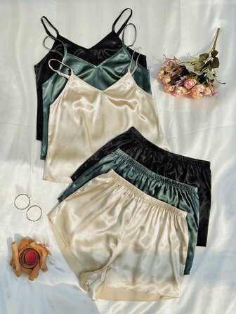 3pcs Solid Cami Top & Shorts PJ Set / Pajama Set, Vacation