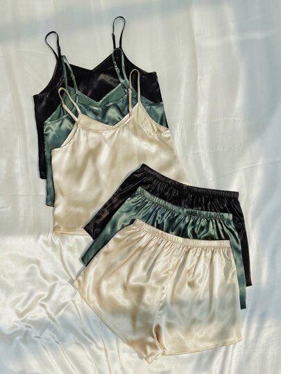Set de 3 piezas de pijama con parte superior tipo camiseta y shorts de color sólido, ideal para vacaciones