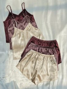 SilkySpell 3pcs Solid Cami Top & Shorts PJ Set / Pajama Set - Multicolor - View 2