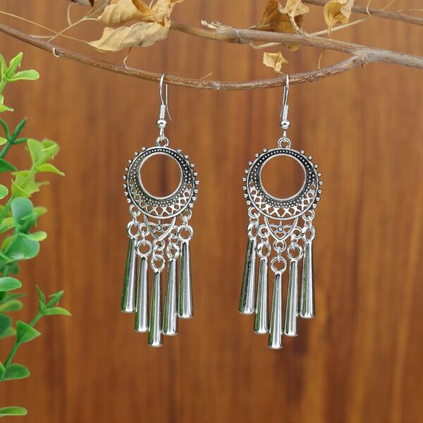 

Hollow Out Metal Tassel Drop Earrings, Antique silver