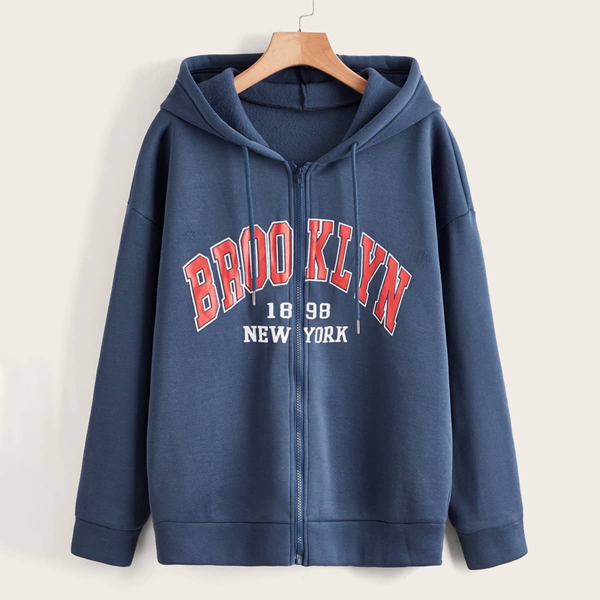 

Letter Zip Up Drawstring Hoodie, Blue