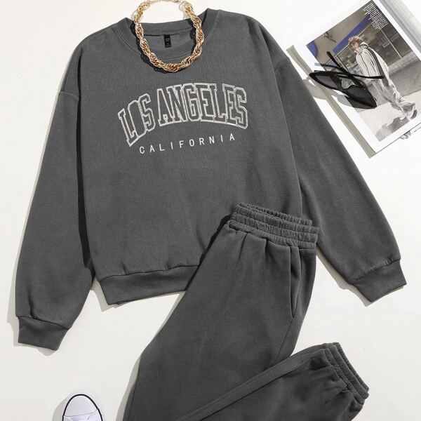 

Plus Letter Graphic Pullover & Sweatpants, Dark grey