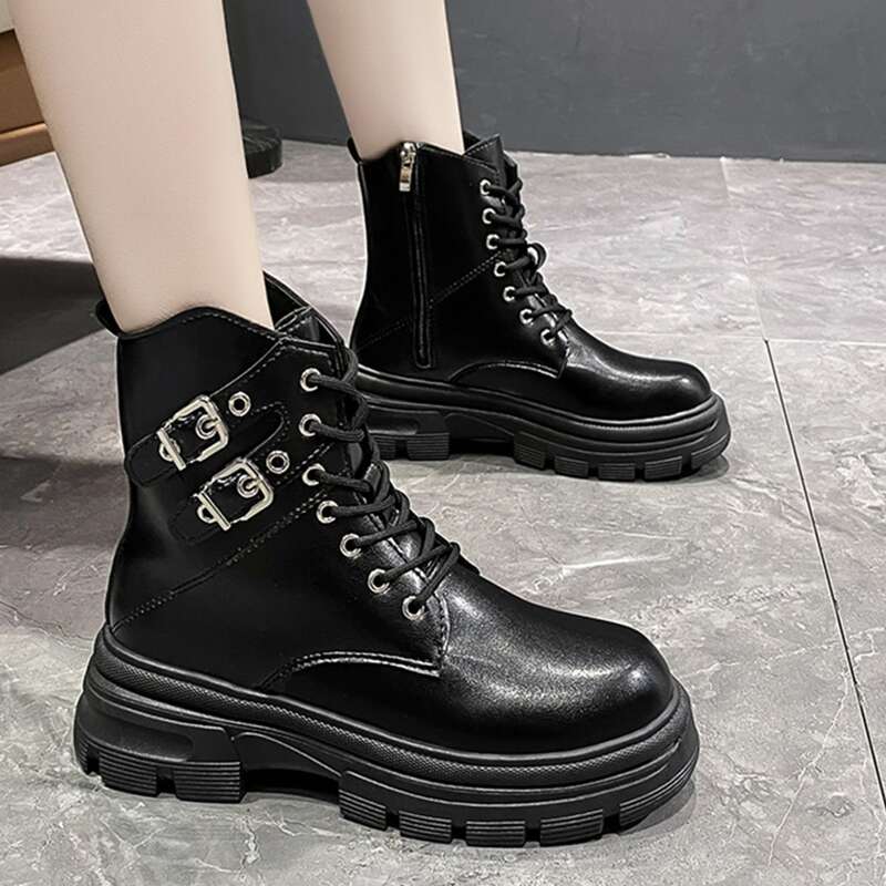 

Buckle Decor Lace Up Front Combat Boots, Black