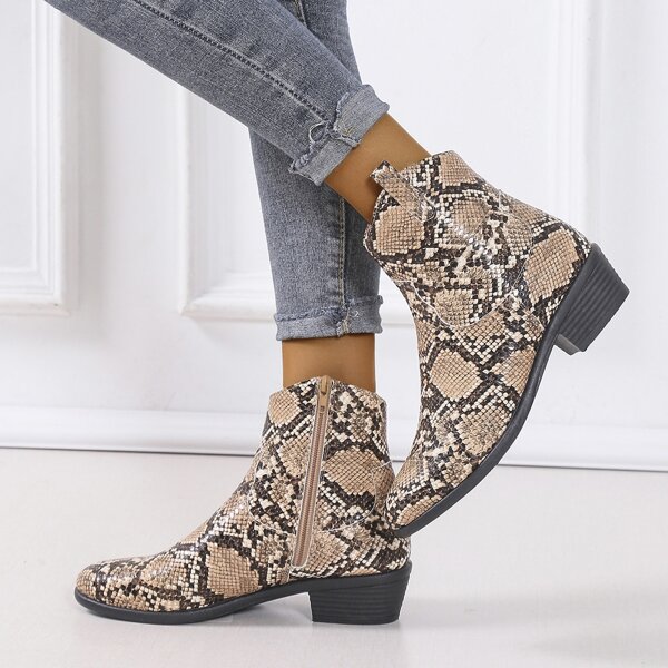 

Snakeskin Graphic Side Zipper Chunky Heeled Boots, Multicolor