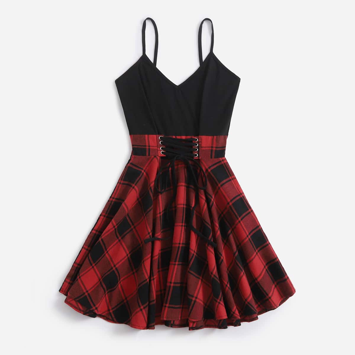 

Contrast Plaid Lace Up Cami Dress, Multicolor