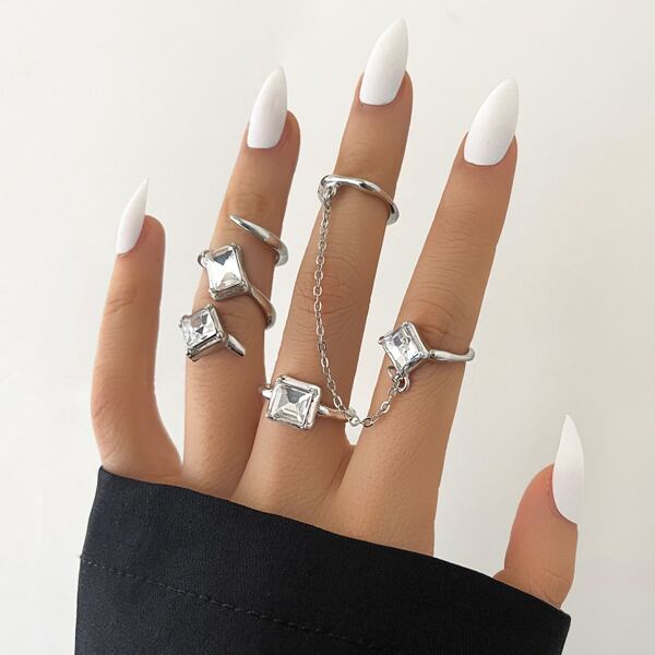 

3pcs Rhinestone Decor Ring, Silver