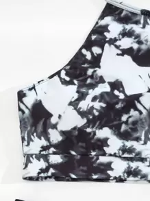 SHEIN Swim 渲染比基尼套裝，綁帶領口和高腰比基尼兩件式比基尼套裝 - 黑與白 - 查看 5