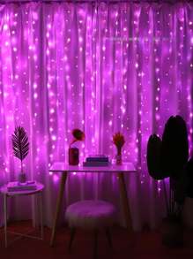 1入組200LED 2*2m銅線燈簾燈，適用於生日裝飾、房間裝飾、牆面裝飾、派對裝飾、電池盒童話燈簾燈 - 粉色 - 查看 6