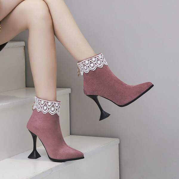

Lace Trim Back Zipper Pyramid Heeled Boots, Purple