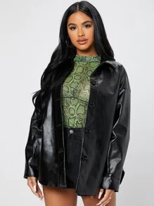 SHEIN PETITE Áo khoác nữ Nút phía trước màu trơn Hấp dẫn - màu đen - Xem 1