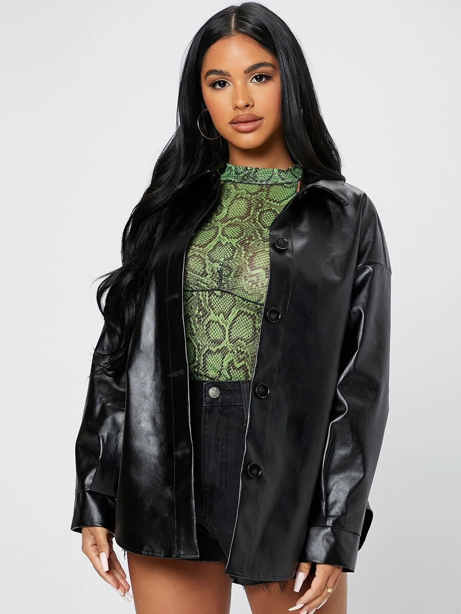 SHEIN PETITE Áo khoác nữ Nút phía trước màu trơn Hấp dẫn - màu đen - Xem 1