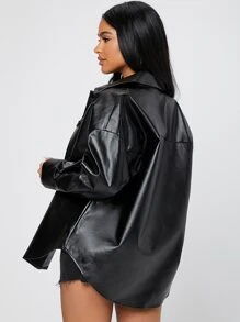 SHEIN PETITE Áo khoác nữ Nút phía trước màu trơn Hấp dẫn - màu đen - Xem 2