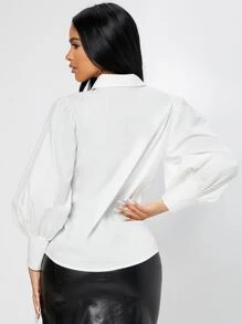 SHEIN PETITE Solid Bishop Sleeve Shirt - White - View 2
