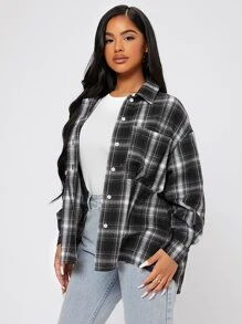 SHEIN PETITE Drop Shoulder Plaid Shirt,Long Sleeve Tops - Black - View 1