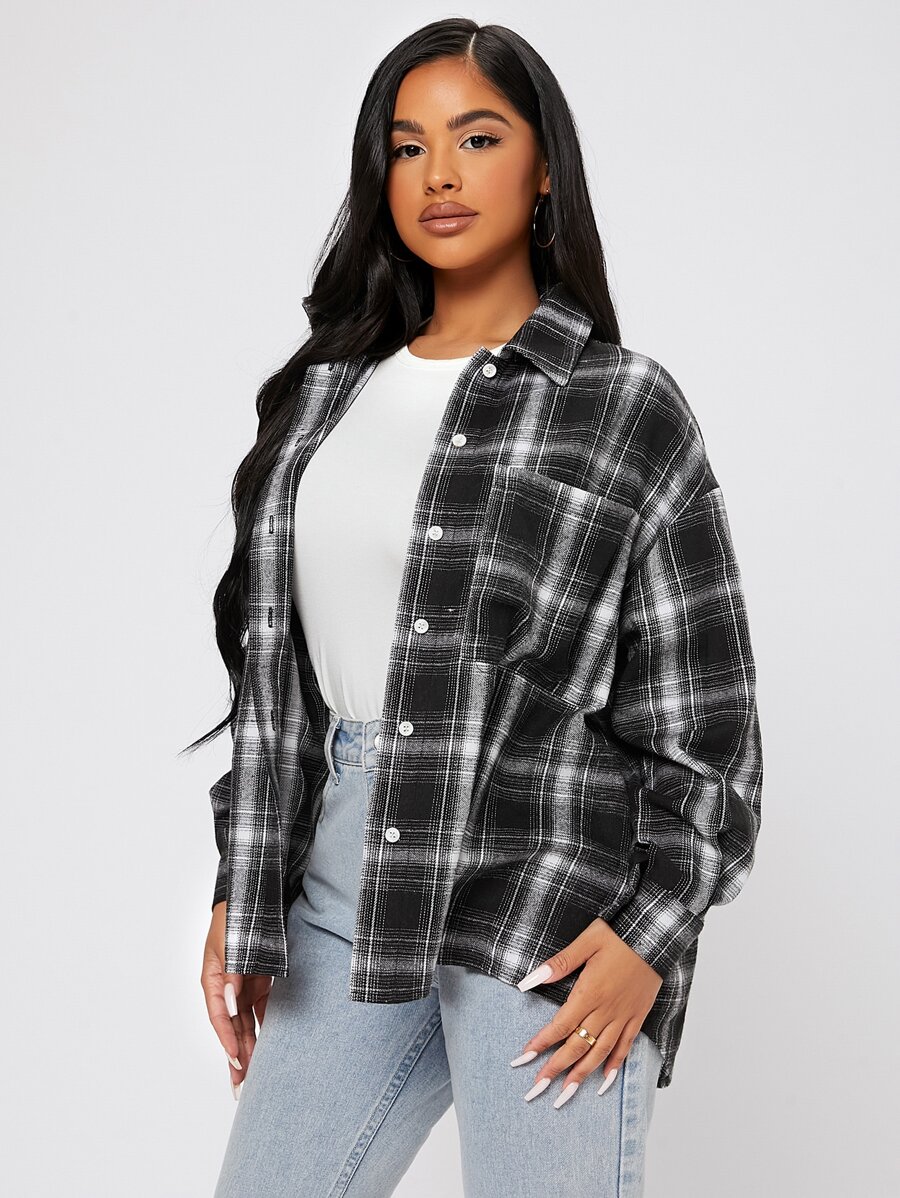 SHEIN PETITE Drop Shoulder Plaid Shirt,Long Sleeve Tops - Black - View 1