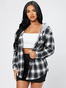 SHEIN PETITE Contrast Collar Plaid Print Blouse,Long Sleeve Tops - Black and White - View 1