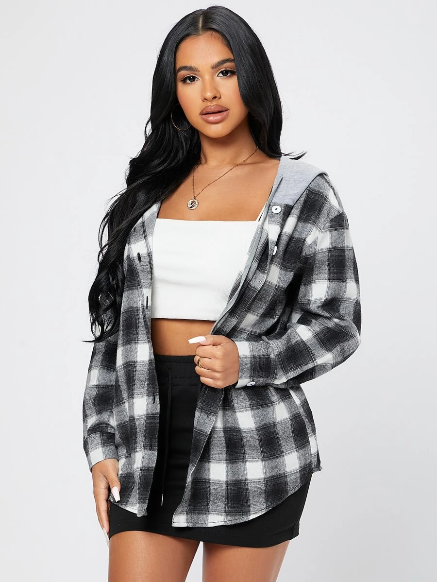 SHEIN PETITE Contrast Collar Plaid Print Blouse,Long Sleeve Tops - Black and White - View 1