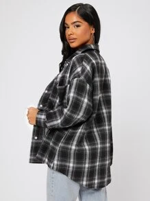 SHEIN PETITE Drop Shoulder Plaid Shirt,Long Sleeve Tops - Black - View 2